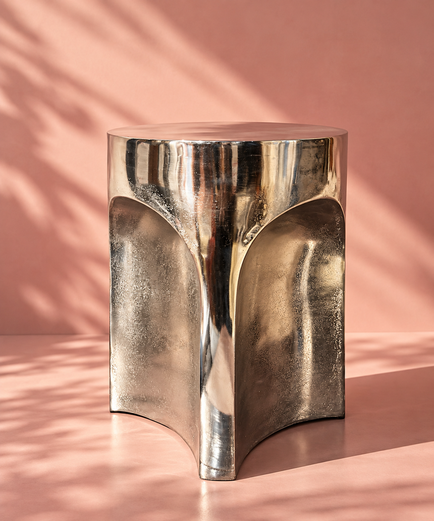 Silver Arch silberner Beistelltisch aus poliertem Aluminium vor zartrosa Hintergrund