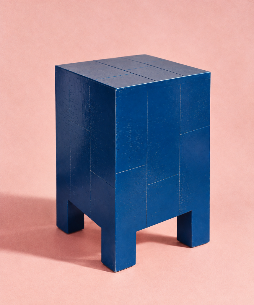 Riviera – a handcrafted blue side table and stool made from mango wood, MDF and iron. High-gloss finish with a graphic tile-inspired design.