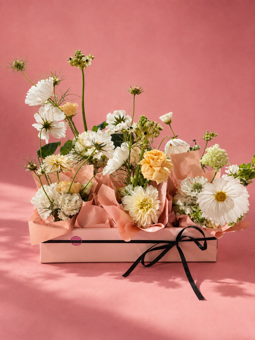 Locker gebundener Blumenstrauß LaBomba Rosa in leuchtenden Rosa-, Pink- und Himbeertönen im natürlichen MARSANO-Stil.