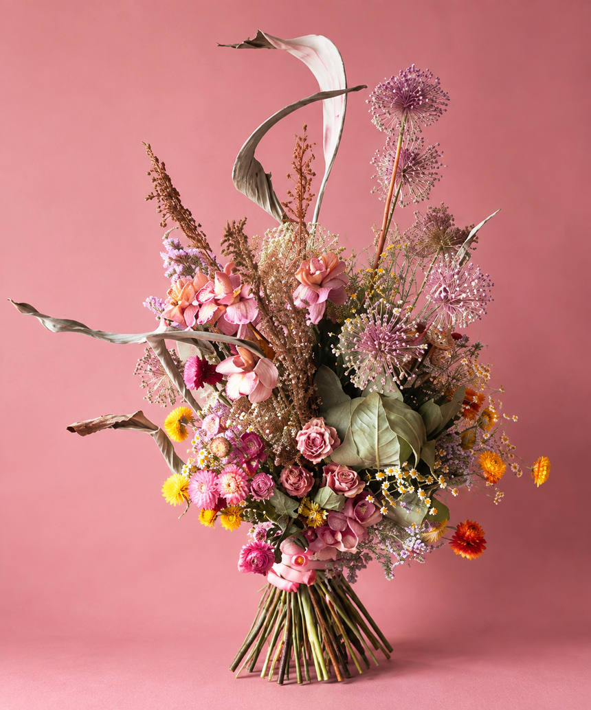 Locker gebundener Blumenstrauß So Fire mit saisonalen Blumen in Rot-, Orange- und Koralltönen im natürlichen MARSANO-Stil.